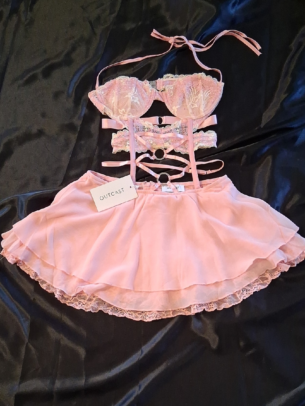 Outcast Pink Lace Underwire Bra & Layered Skirt  Set